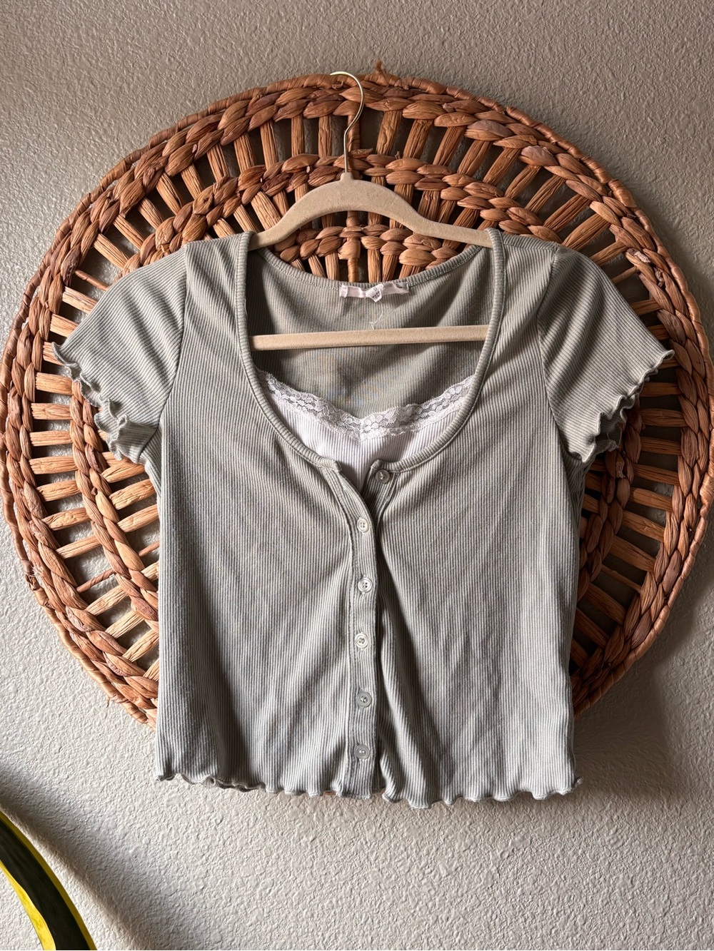 Hippie Rose Sage Ribbed Button-Front Crop Top